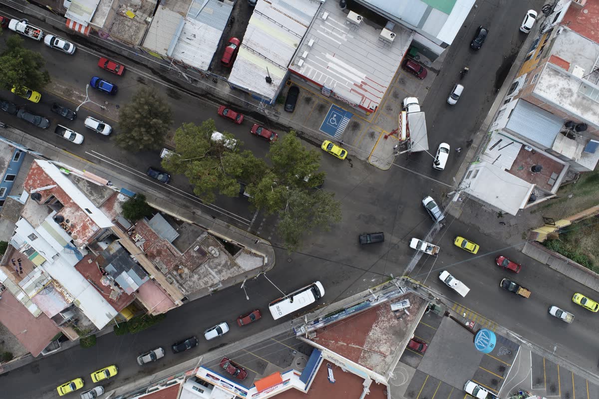Nadir drone image of an urban asphalt street