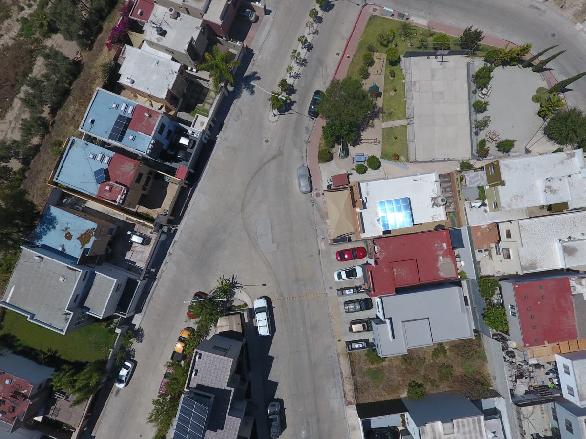 Nadir drone image of a concrete residential street