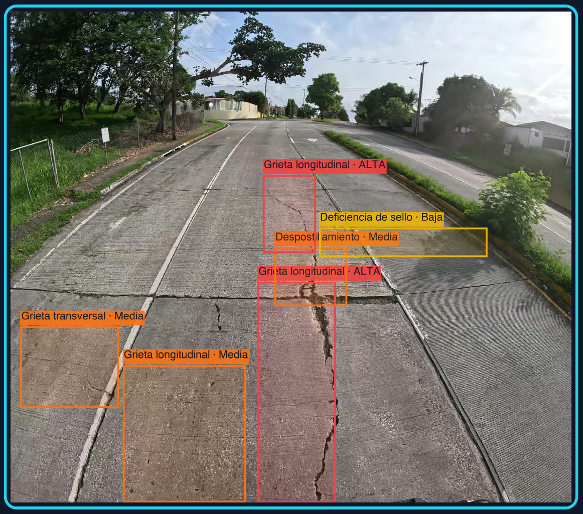 Rigid pavement frame with AI-detected distresses annotated by type and severity